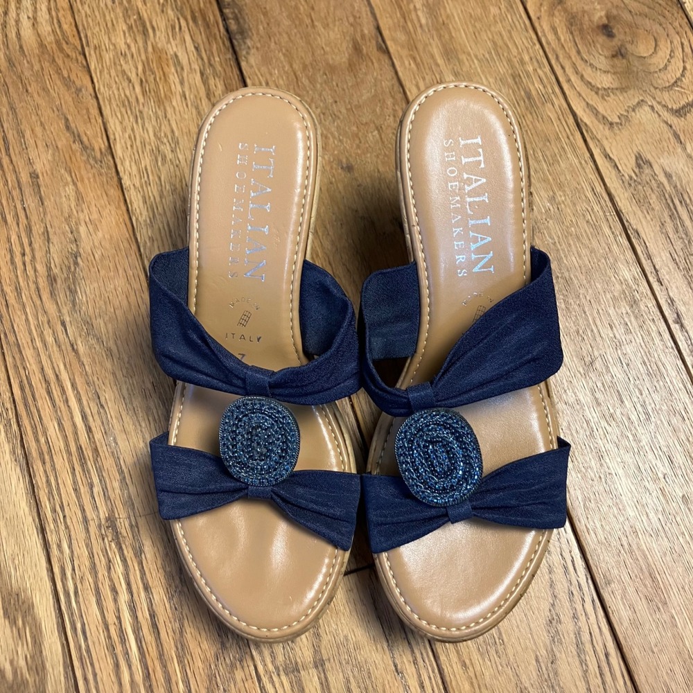 Italian Shoemakers Navy Blue Wedge Sandals Beaded Cork Platform Slide Womens 7